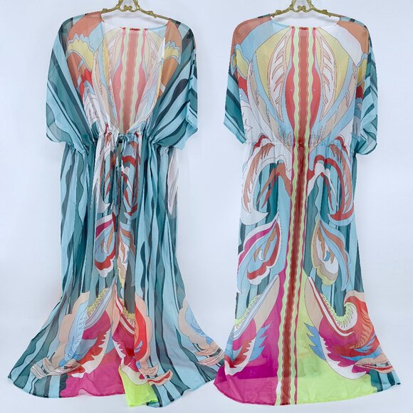 Colorful Open Beach Cover Up Maxi Duster Kimono XL - Picture 2 of 6